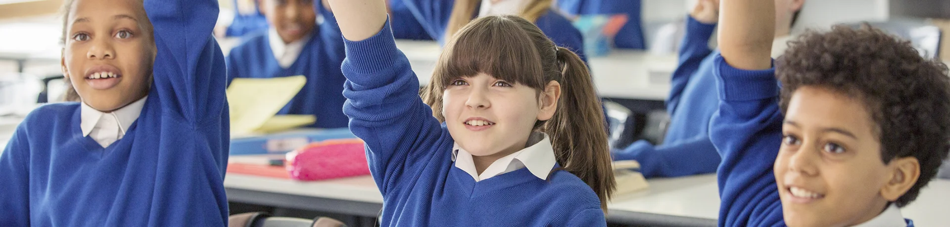 The Merit School - Private School pagetitle BG - smiling students with hands raised in class Elementary (1st – 5th)